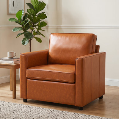 39" Wide Faux Leather Upholstered Armchair Mid Century Modern Accent Chair, Caramel