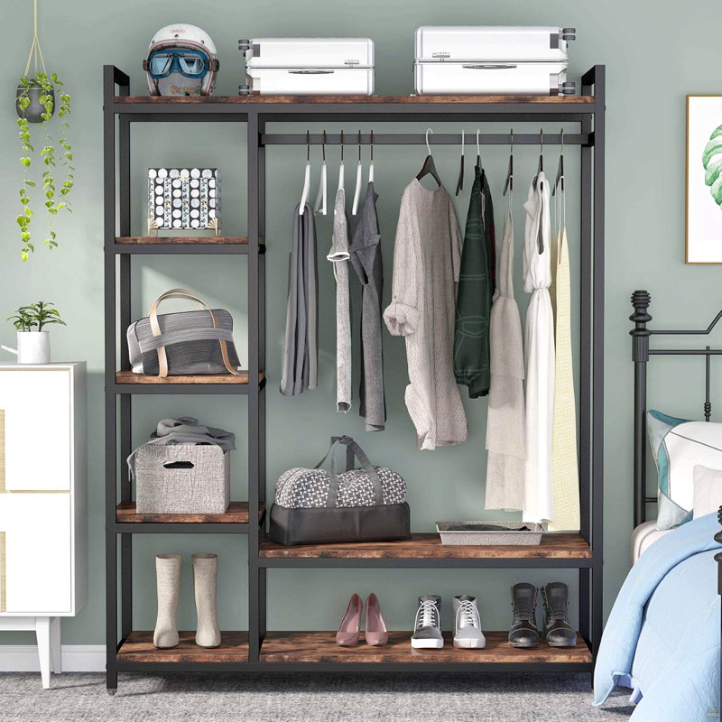 47.24" Rustic Brown Free-standing Closet Organizer with 6 Storage Shelves and Hanging Bar, Large Standing Clothes Garment Rack