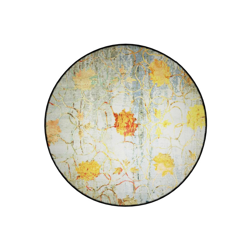 Yellow Gray Theme Floral Motif Patterned Round Woven Base Vintage Decorative Carpet, Round 5'
