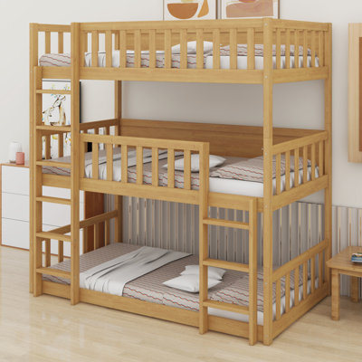 Triple Wood Bunk Bed, With Ladders, Guardrails
