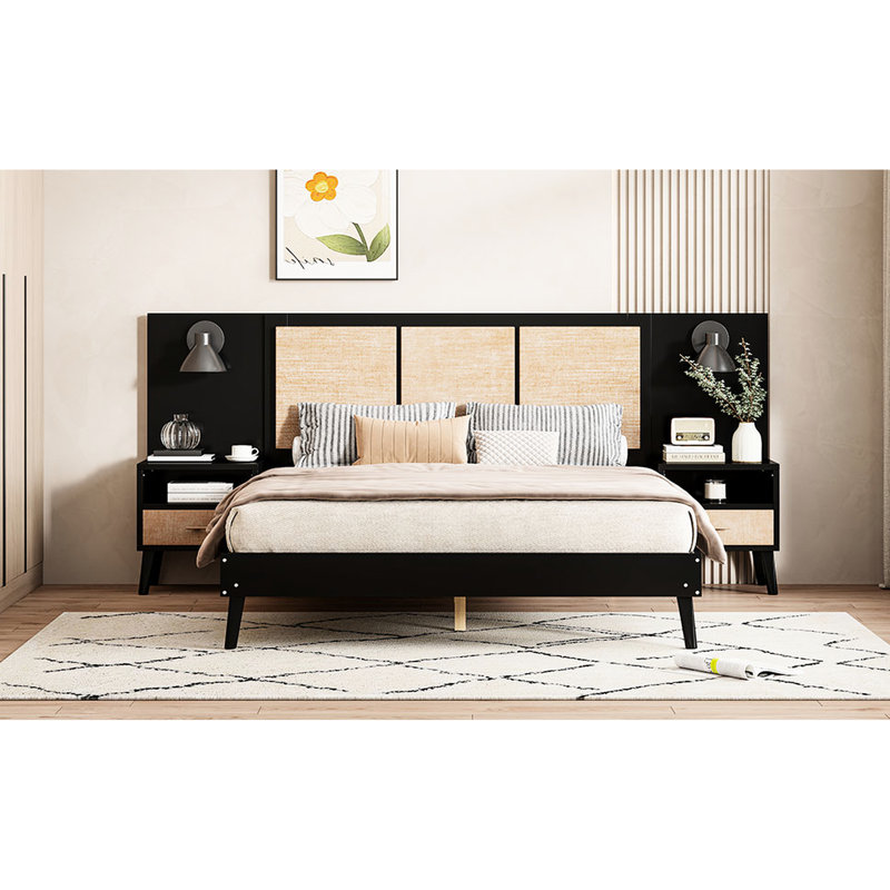 Grand cadre de lit noir avec bois massif, 2 tables de chevet et lampes intégrées, noir pour une chambre à coucher moderne. Fabrication, pièce élégante