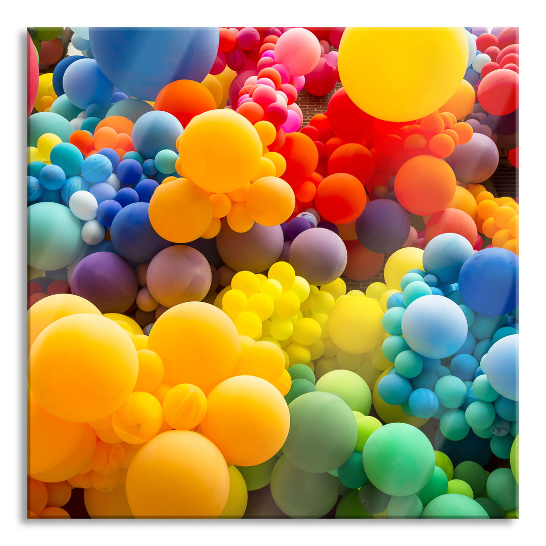 Glasbild Quadratisch | Wandbild Auf Echtglas | Hunderte Bunte Luftballons | Inkl. Aufhängung Und Abstandshalter 2 Hunder...