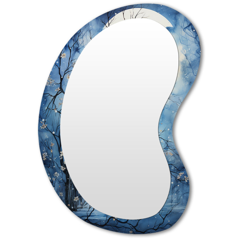 Grand miroir mural asymétrique bleu et blanc Moonlit Silhouette II - Trees, 31 po x 22 po