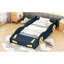 Lit de course en forme de voiture simple bleu foncé et jaune avec rangement et construction en bois massif pour un compartiment de chambre paisible