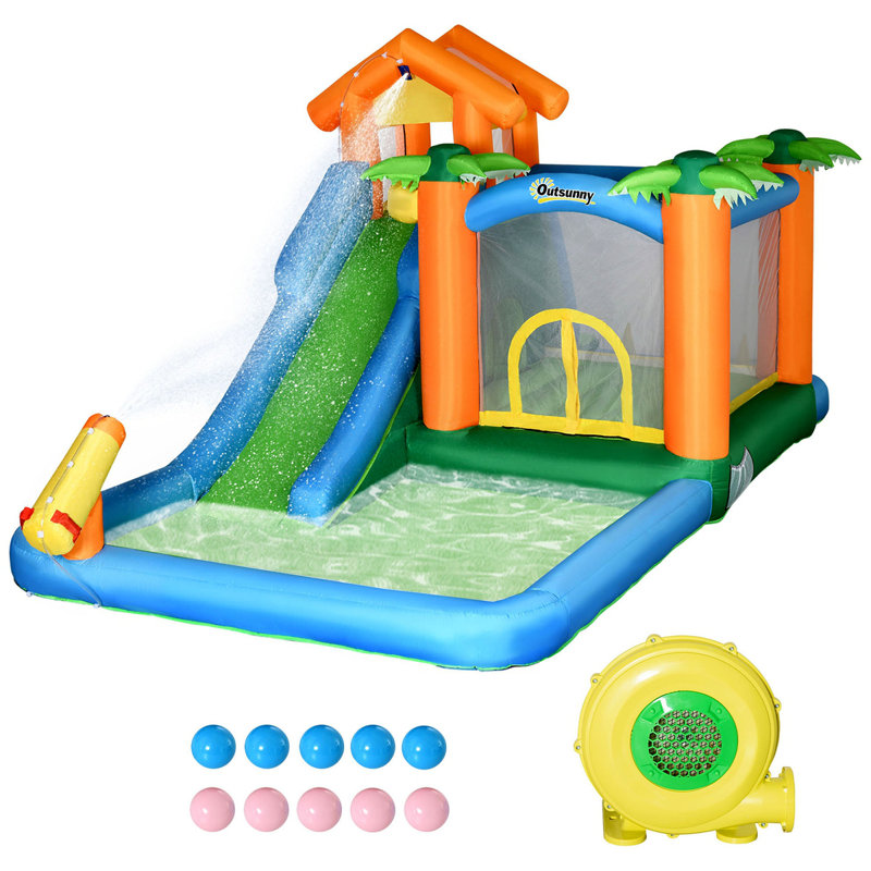 6-In-1 Tropical Inflatable Water Slide Summer Theme Jumping Castle Includes Floating Ball Slide Trampoline Pool Cannon Climbing Wall With Carry Bag, Repair Patches And 450W Air Blower