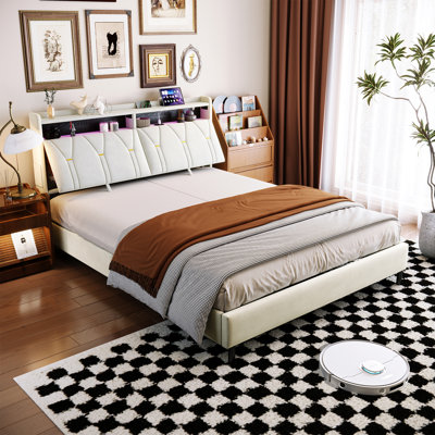 Upholstered Bed Frame with Charging Station & Headboard Storage, Hydraulic Lift-Up Base