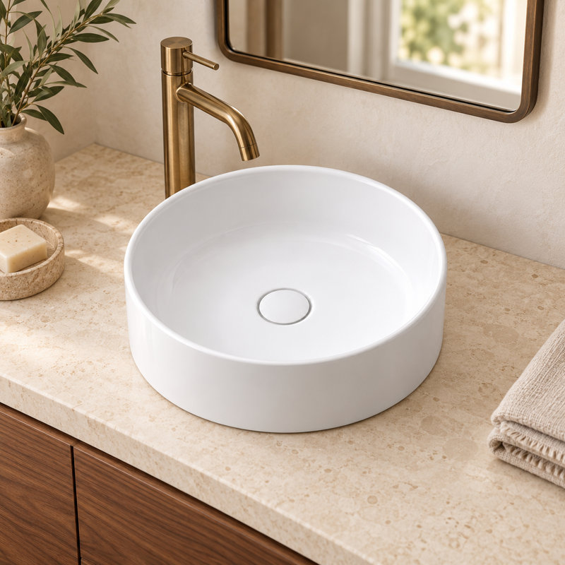 Sagan 16.54'’ Vessel Bathroom Sink in Fireclay with Drain