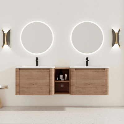 Wall - Mounted Vanity, Ceramic Sink, Soft Close Door, Small Storage Shelves, Attractive Appearance Overflow Hole