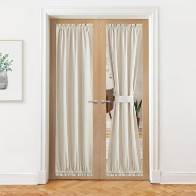 NICETOWN 100% Blackout Linen Door Curtains For Doorway, Privacy Front French Window Covering Privacy French Door Curtain, Tie Up Shades Coverings For Bedroom, 26 W X 80 L, Light Beige, 1 PC