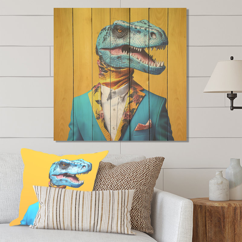 Dinosaure bleu et jaune en costume - Dinosaure sur bois, H 15 po x l 15 po
