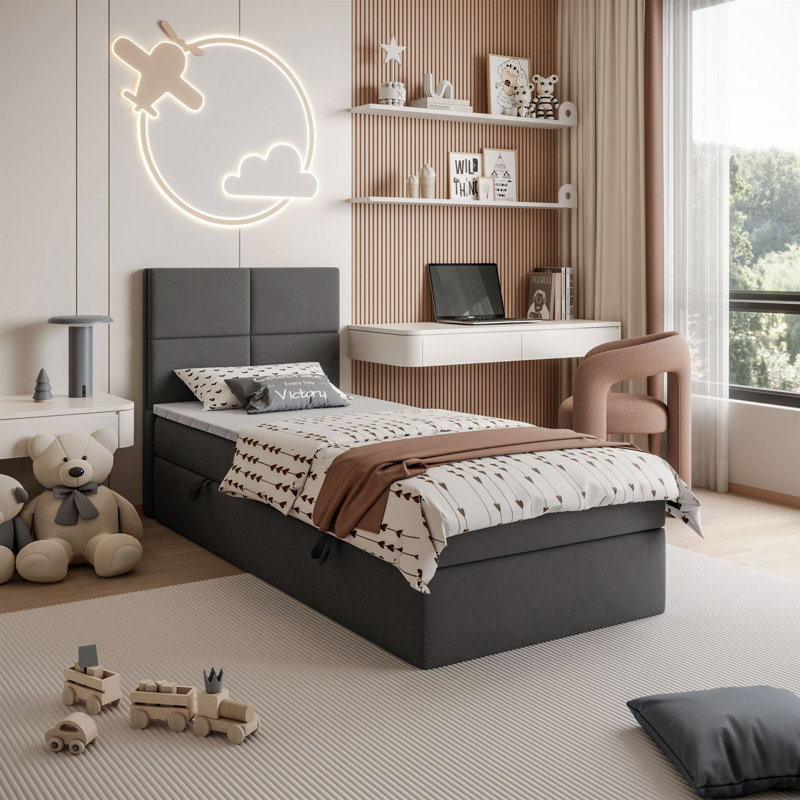 Upholstered Bed with Mattress, 90cm W x 200cm L, in Grey