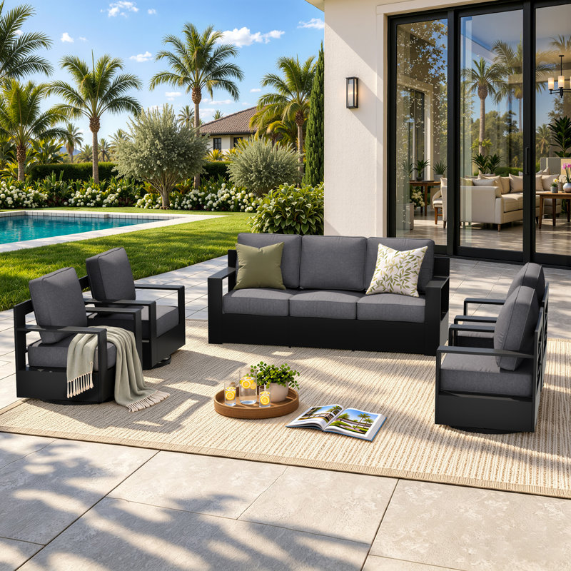 Ensemble de mobilier d'extérieur moderne en aluminium 5 pièces avec 4 chaises pivotantes et coussins gris Abdullah, Gris