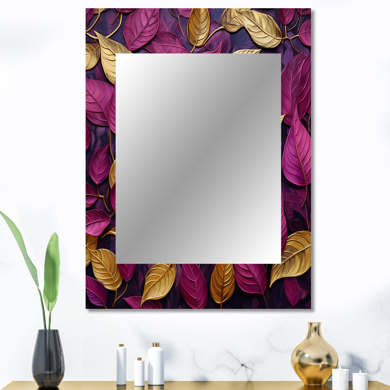 Gold And Pink Leaves Charm Foliage I - Leaves Unique Mirror, Traditional Large Wall Mirror, Printed Metal Art, 40" x 30"