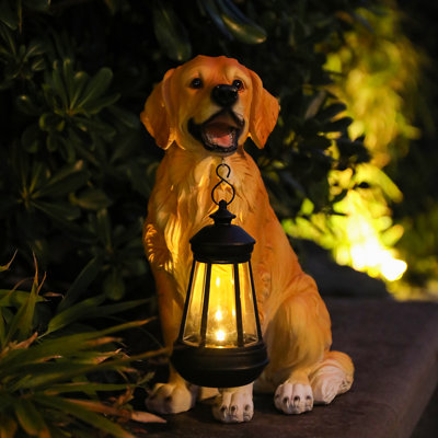 Statue de jardin pour chien 11,4 pouces avec lanterne solaire, Golden Retriever, statue en résine, décor pour patio, pelouse et espaces extérieurs