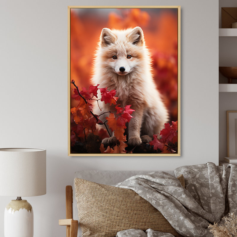 Antigore Alaska, renard arctique, rencontre sur toile, H 32 po x l 24 po x P 1 po, Cadre naturel flottant