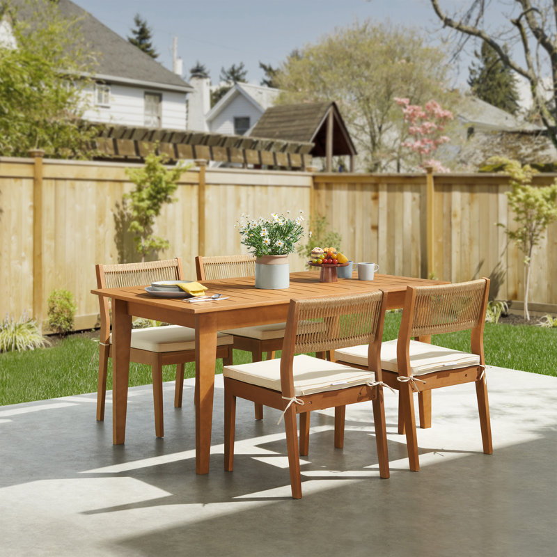 Barton 63" W Solid Wood Patio Dining Set with Stackable Chairs, 5 Pieces: Table, 4 Chairs