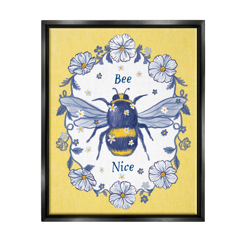 «Bee Nice», art floral encadré sur toile flottante par Be Ni La, H 21 po x l 17 po x P 1,7 po, Cadre flottant noir de jais