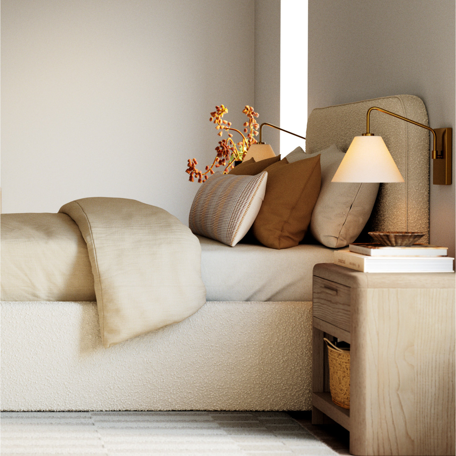 Bailee Upholstered Bed, King, White Boucle
