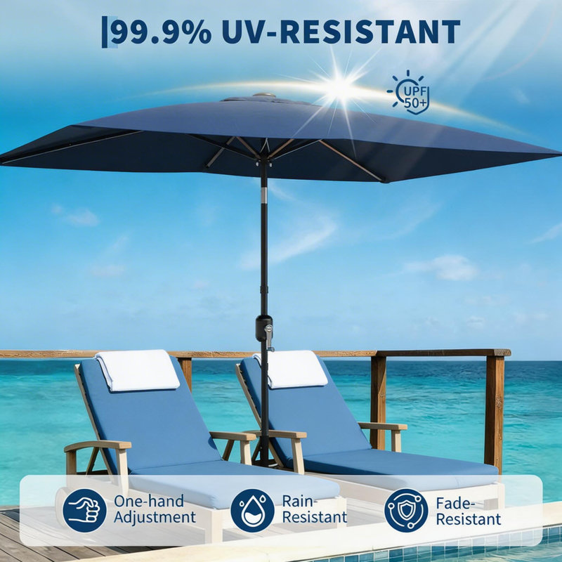 Parasol d'extérieur rectangulaire 10 pi x 6,5 pi avec manivelle et bouton inclinable, Marine