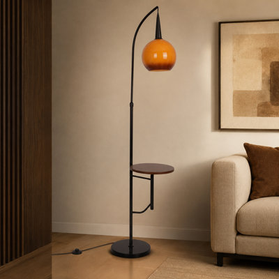 Lampe sur pied ajustable Mid-Century avec table d'appoint et abat-jour en verre orange