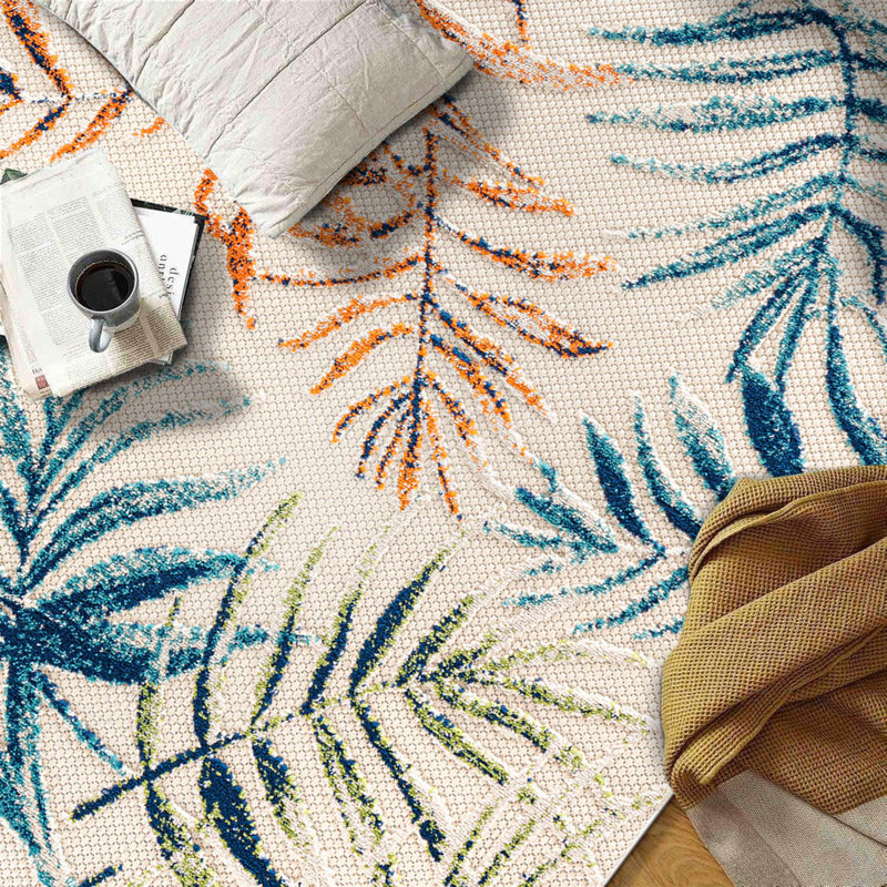 Tapis intérieur / extérieur à motif floral orange / ivoire / bleu Onley Palm Frond, Rectangle 7 pi 10 po x 10 pi
