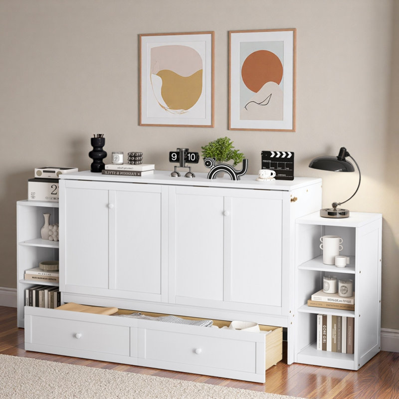 Lit escamotable avec tiroirs de rangement spacieux et tablettes ouvertes, Blanc