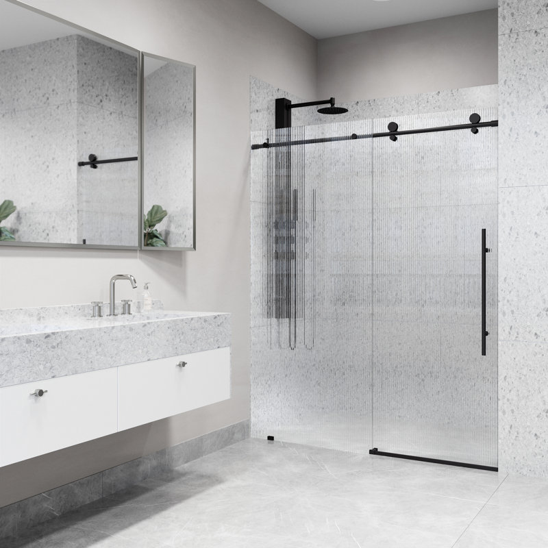 Porte de douche coulissante sans cadre avec verre cannelé 3/8 po Elan E 56 po x l 76 po, Noir mat, Droite