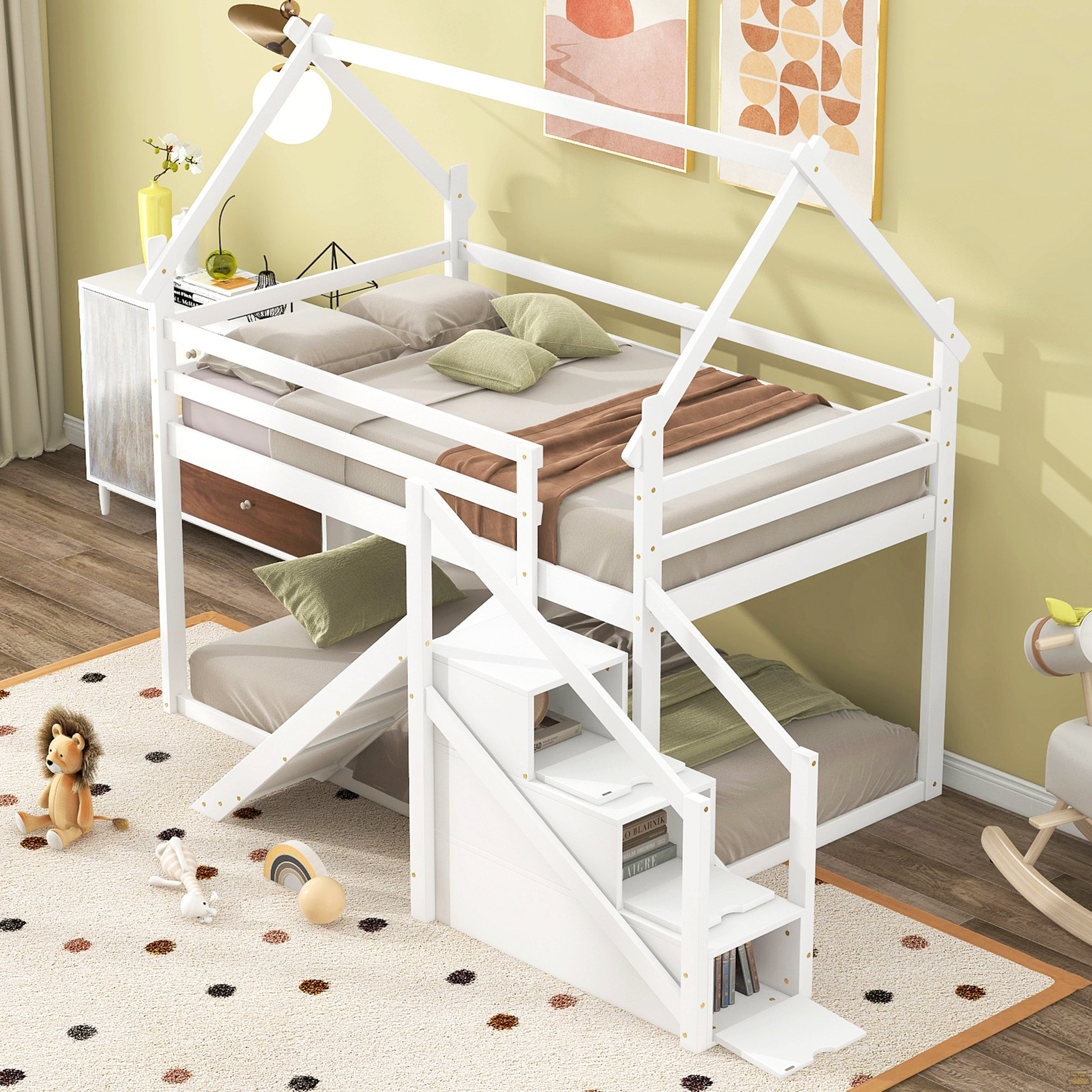Ebern Designs Twin Over Twin House Loft Or Bunk Bed With Slide And ...