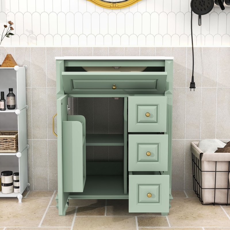 Meuble-lavabo autoportant classique avec lavabo en céramique, tablette réglable et grand rangement, Vert