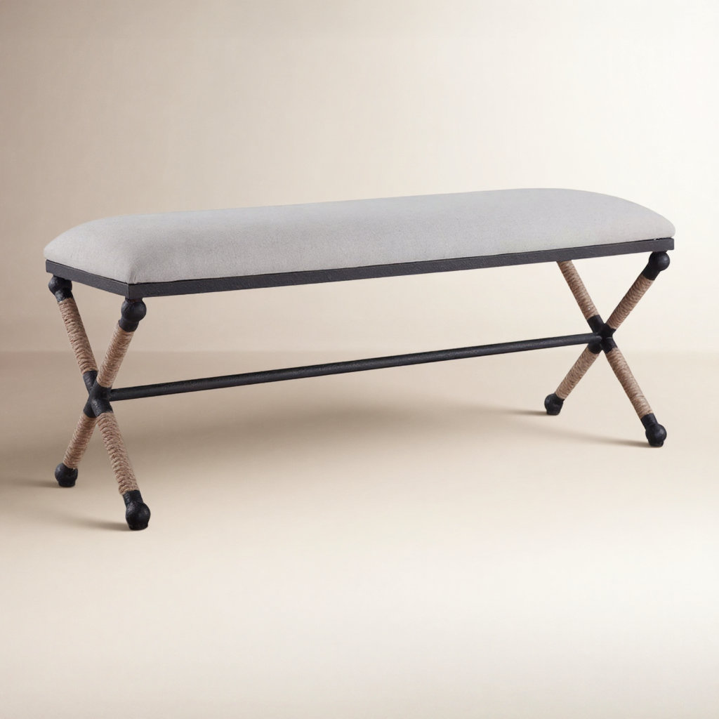 Cherise 48" Cotton Upholstered Bench, Oatmeal Basketweave