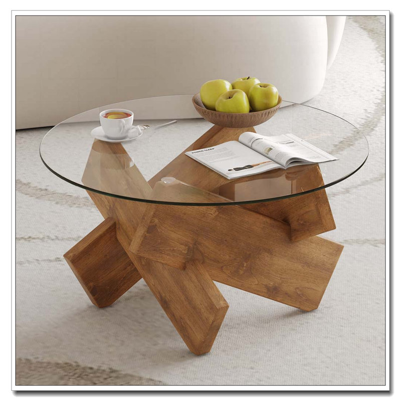 Table basse ronde en verre, Bois naturel