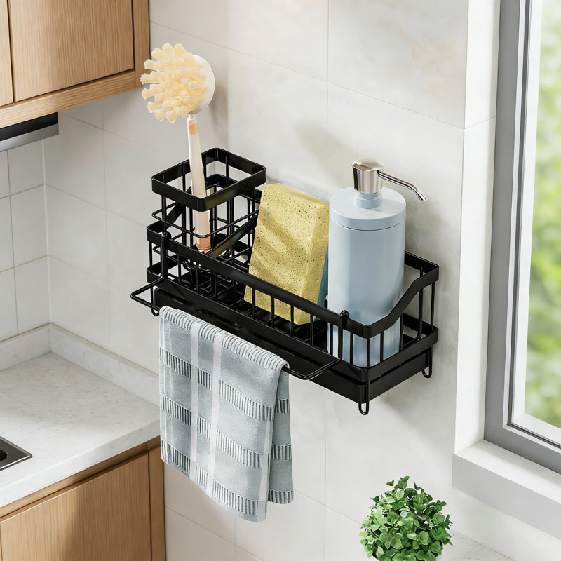 Serviteur de rangement mural pour évier de cuisine avec rangement à plusieurs niveaux pour éponge, brosse, distributeur de savon et produits de nettoyage, avec crochets adhésifs et trous de drainage