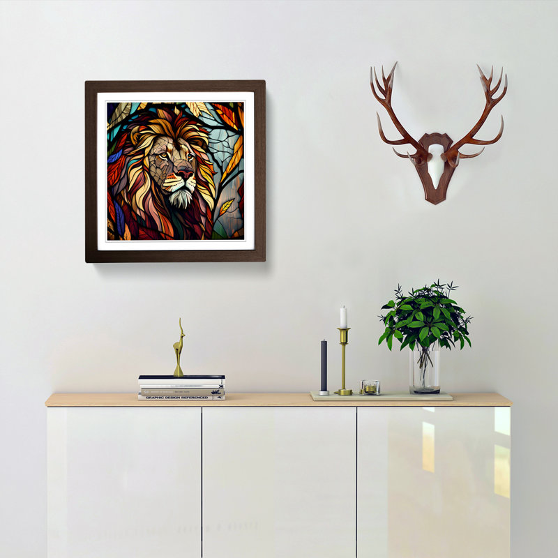 Lion Stained Glass Effect - Framed Print, Walnut