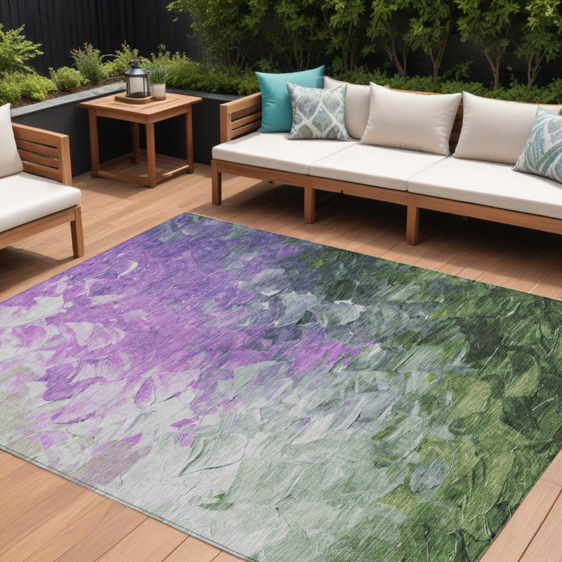 Tapis d'extérieur lavable abstrait 8 pi x 10 pi vert olive et argent