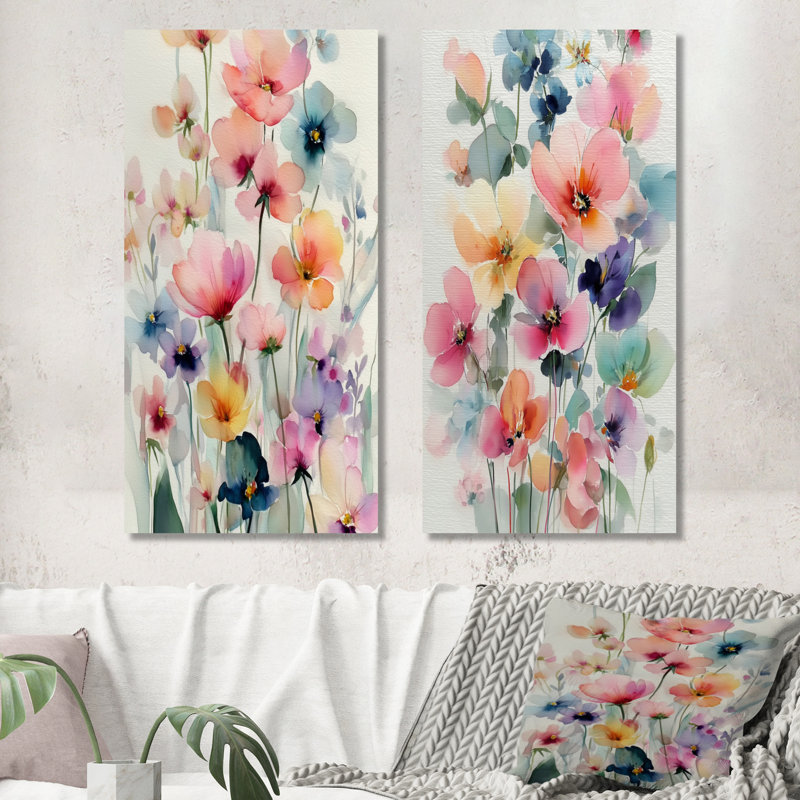 Motif de coquelicots aquarelle rouge et jaune - motif floral 2 panneaux, 32" H x 32" W