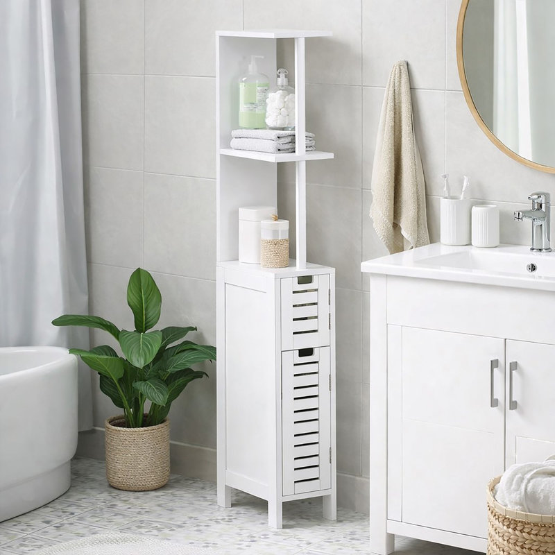 Miami Slim Bathroom Storage Cabinet with Open Shelves and Two Doors White