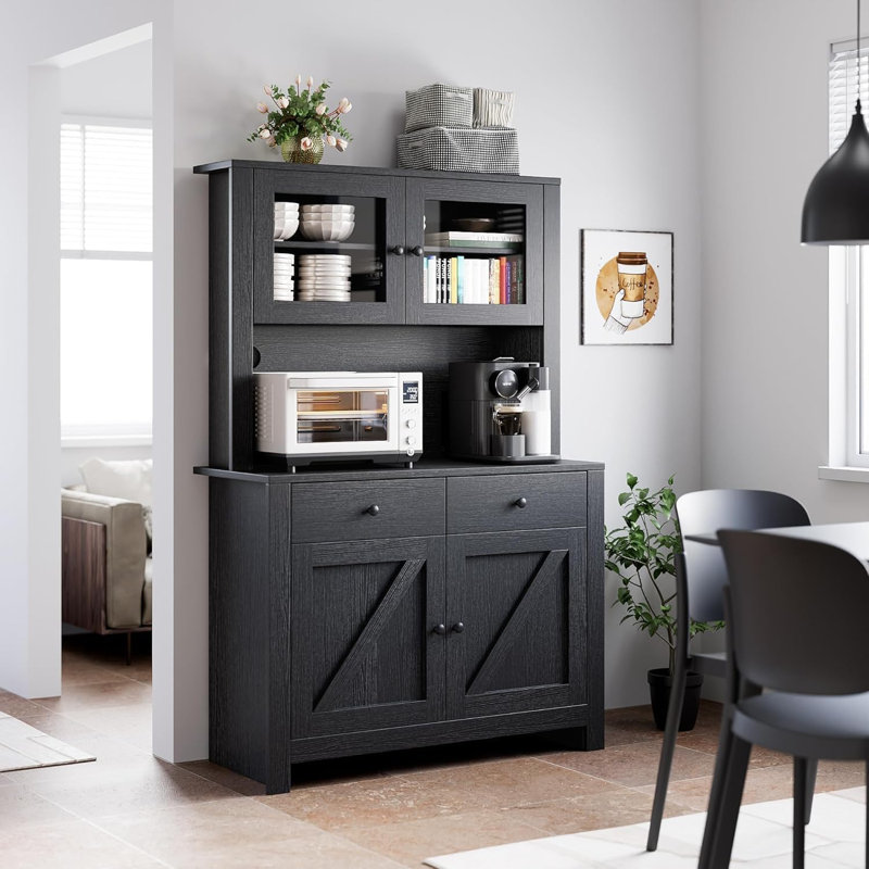 Garde-manger autoportant noir avec support à micro-ondes intégré et armoire de rangement spacieuse