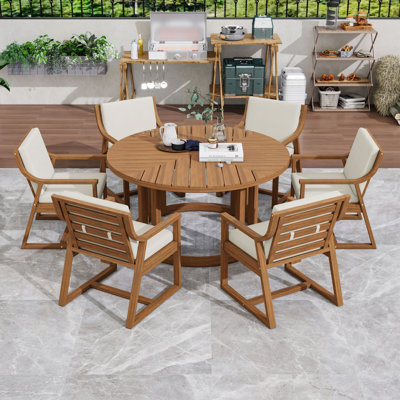 Ensemble de salle à manger 7 pièces en bois d'acacia pour 7 personnes, table ronde avec trou pour parasol et 6 chaises rembourrées