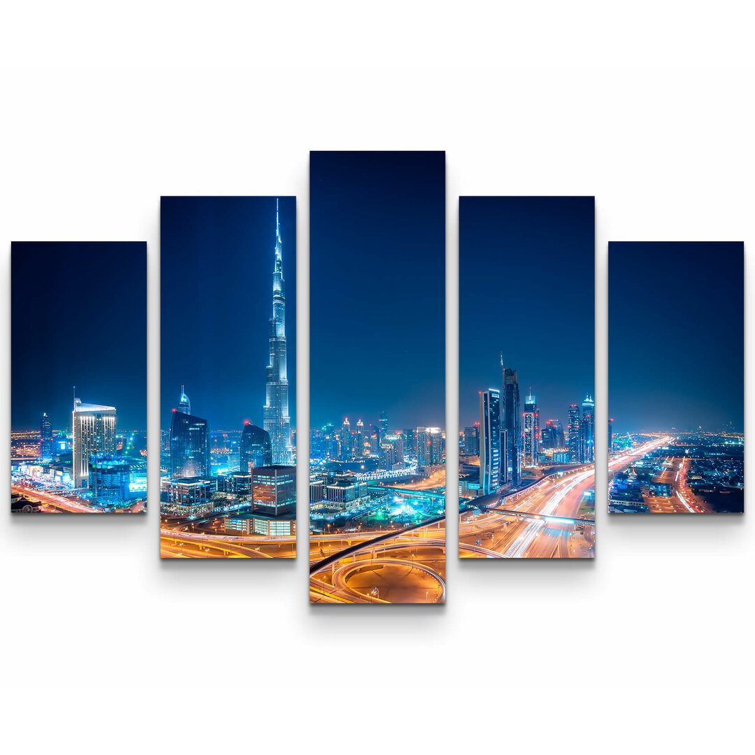 5-tlg. Leinwandbilder-Set Skyline bei Nacht - Dubai