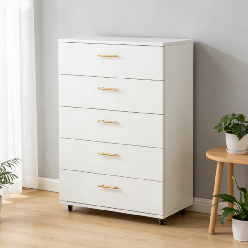 Commode mobile avec roulettes, commode haute blanche à 5 tiroirs H 44 po, commode à roulettes pour la chambre à coucher, rangement dans le vestibule du salon