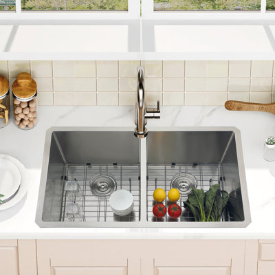 33 In. Undermount Double Bowl Kitchen Sink, 304 Stainless Steel With Dual Drain Assembly And Bottom Grids