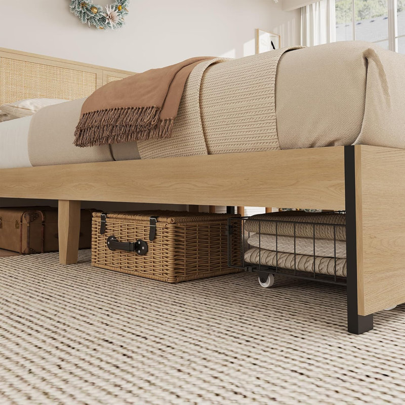Platform Bed Frame, Bed Frame With Natural Rattan Headboard, Cane Bed Frame With 2 Storage Drawers And Strong Wood Slats Support, Noise Free, No Box Spring Needed