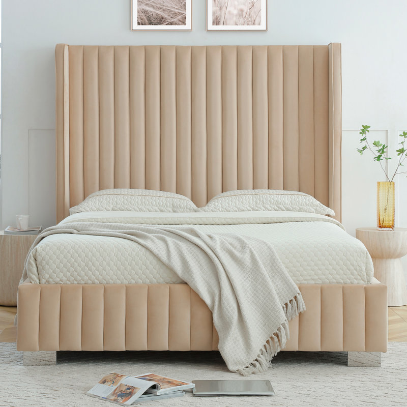 Jeffrey Velvet Upholstered Bed Frame, Queen, Camel