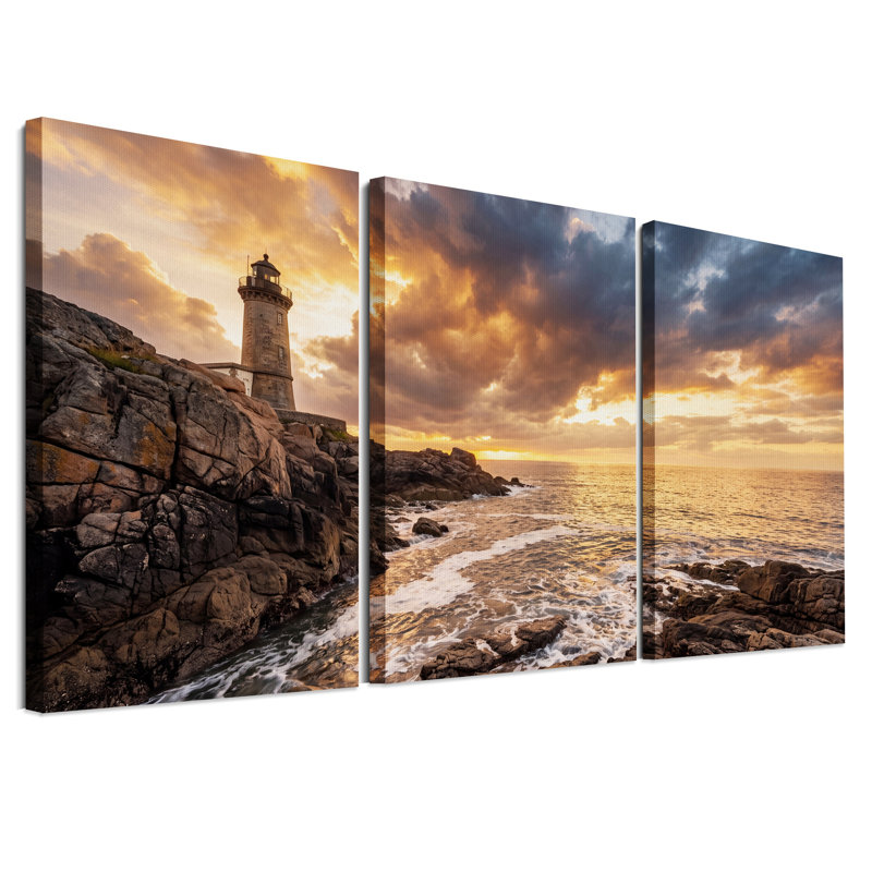 Ensemble de 3 toiles en pierre sur une côte rocheuse au coucher du soleil, H 36 po x l 24 po x 3 pièces