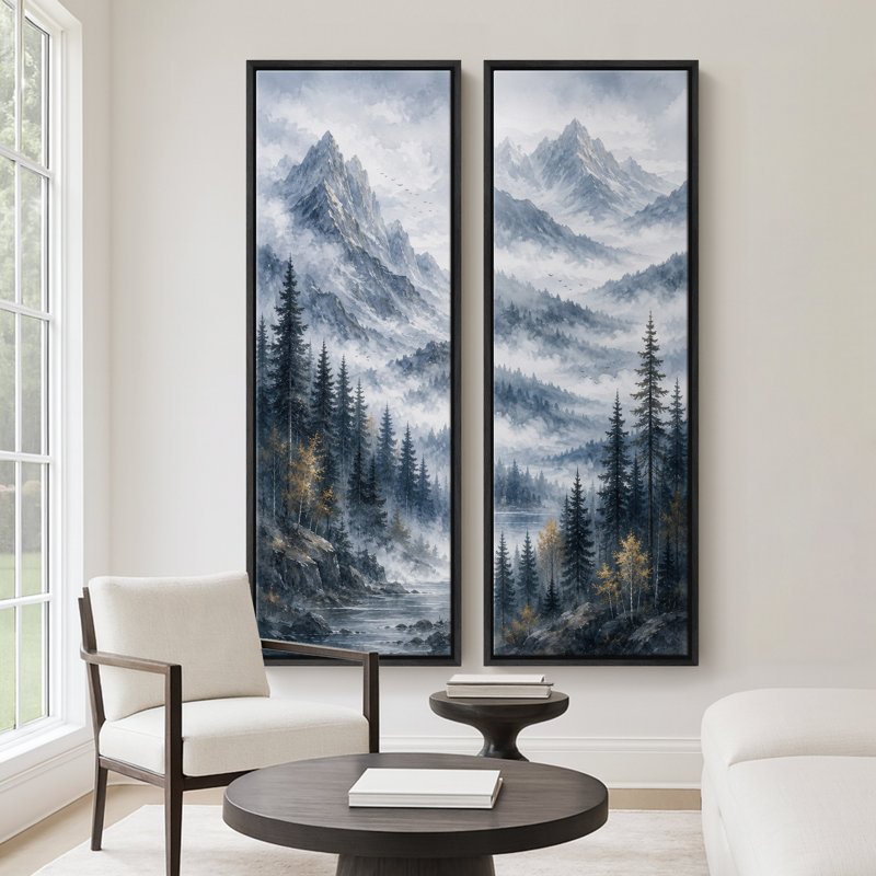 Forêt de pins brumeuse des montagnes, bleu-gris – Ensemble de 2 impressions d'art encadrées sur toile 60 po x 20 po x 2
