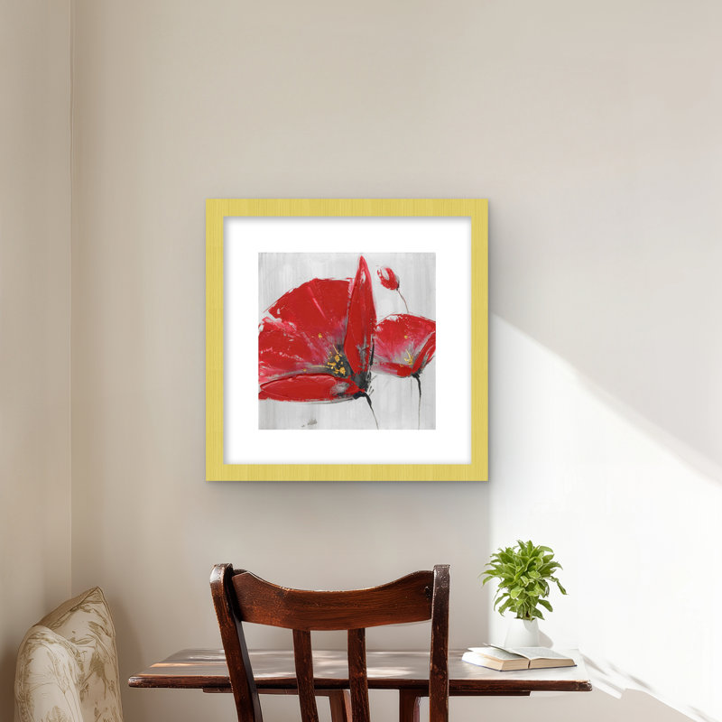 Three Red Flowers on Gray Background - Framed Matted Print