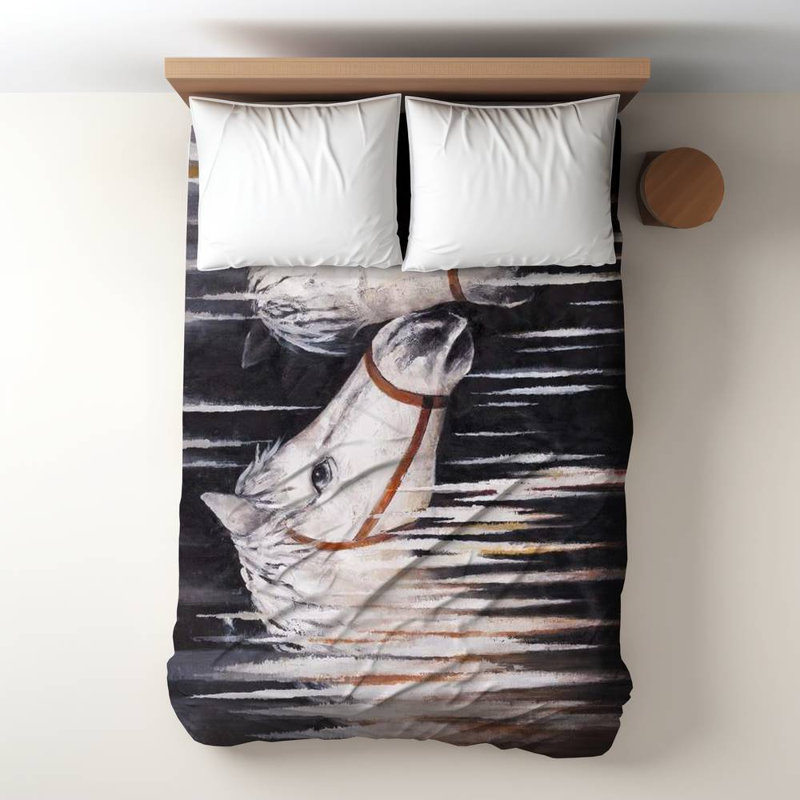 Polyester Sateen Duvet Cover, Twin Duvet, White Two White Horses Kissing