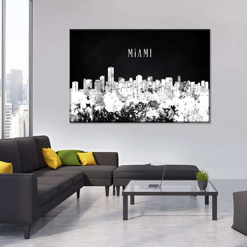 Miami Skyline BW, reproduction sur toile, H 48 po x l 32 po x P 1,25 po