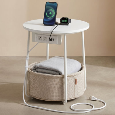 Round Side Table With Charging Station - Modern End Table With Fabric Basket And Usb Ports, Nightstand For Living Room And Bedroom, Matte White And Camel Brown