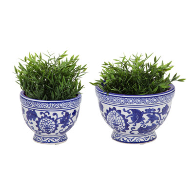 Ceramic Blue and White Chinoiserie Planter Bowls Set of 2 - 7"" x 7"" x 5 -  Bungalow Rose, 2A00A94FA2F740E5B197F8342996F73D